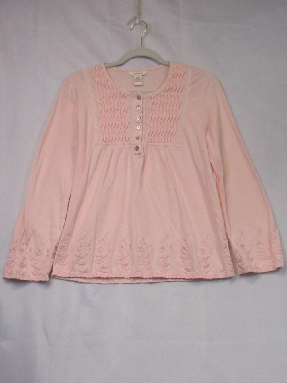 Sundance Cotton Embroidered Henley Top Size PM Peach Lace Trim Long Sleeve